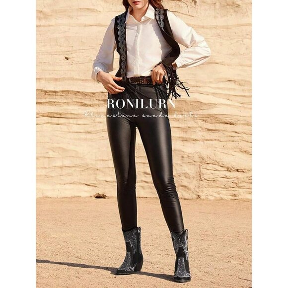 Women Polyurethane Ankle Black Pointed Toe Chunky Heel Rhinestone Tall Boot - Picture 6 of 8